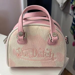 VON DUTCH pink & white cow print micro bowling bag. *NEVER USED*